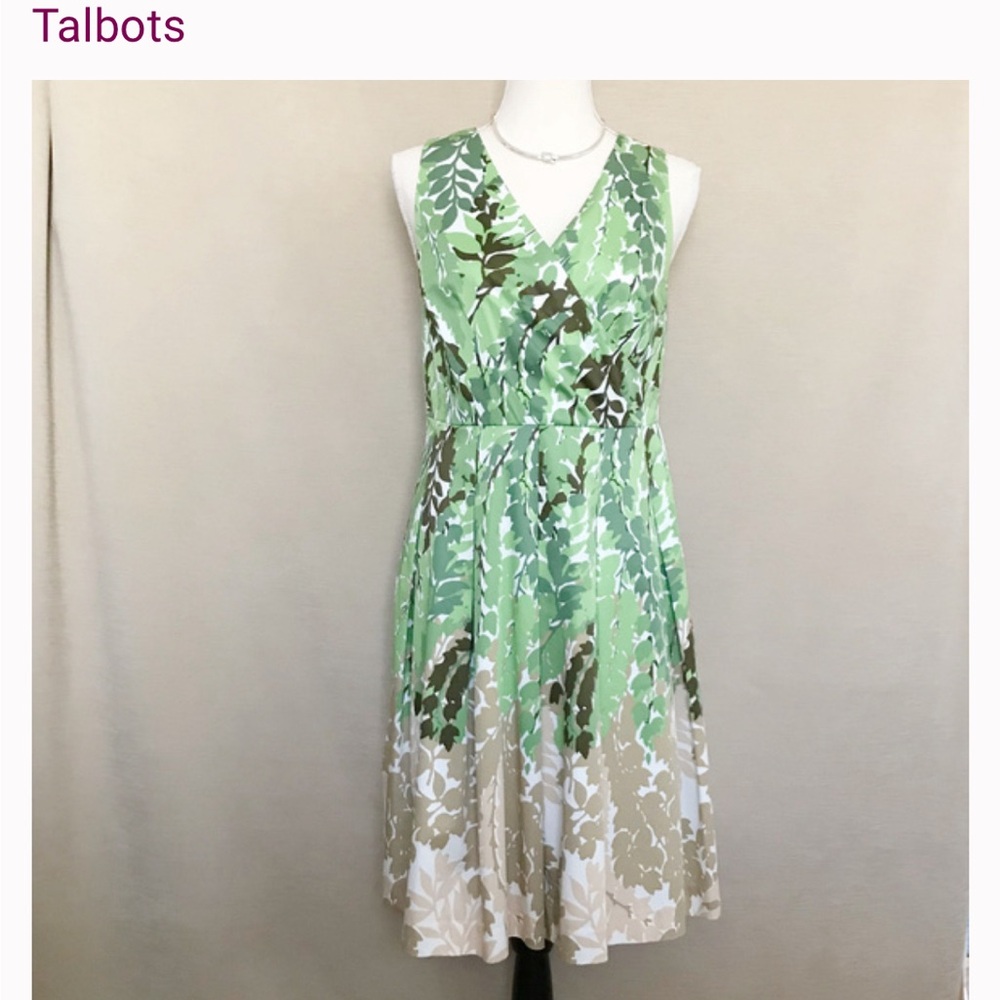 Talbots Green Tan Cream lined pleated A line dress, 10 Petite